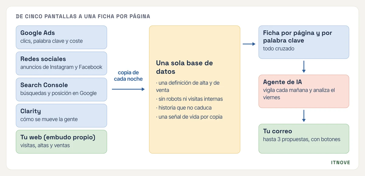 Esquema de cómo se centralizan los datos de marketing. A la izquierda, cinco fuentes: Google Ads (clics, palabra clave y coste), redes sociales (anuncios de Instagram y Facebook), Search Console (búsquedas y posición en Google), Clarity (cómo se mueve la gente por la web) y la propia web (visitas, altas y ventas). Una copia de cada noche las lleva a una sola base de datos con una definición de alta y de venta, sin robots ni visitas internas, con historia que no caduca y una señal de vida por copia. De ahí sale una ficha por página y por palabra clave, la lee un agente de IA que vigila cada mañana y analiza el viernes, y el resultado llega al correo con un máximo de tres propuestas con botones.