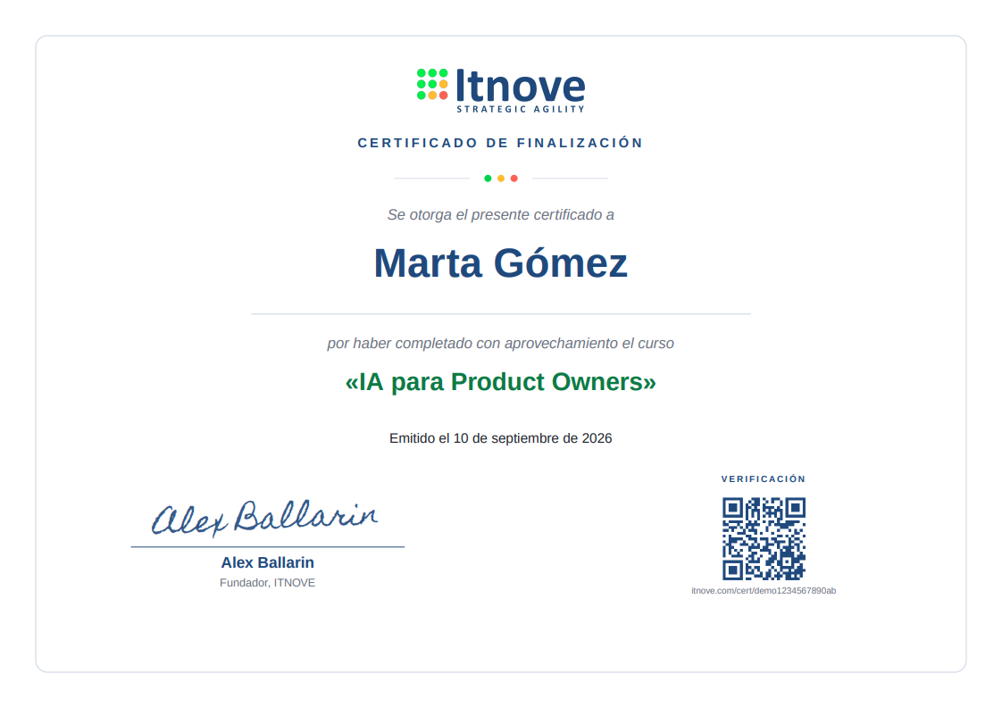 Certificado de finalización de ITNOVE, con firma, sello de puntos de color y código QR de verificación pública